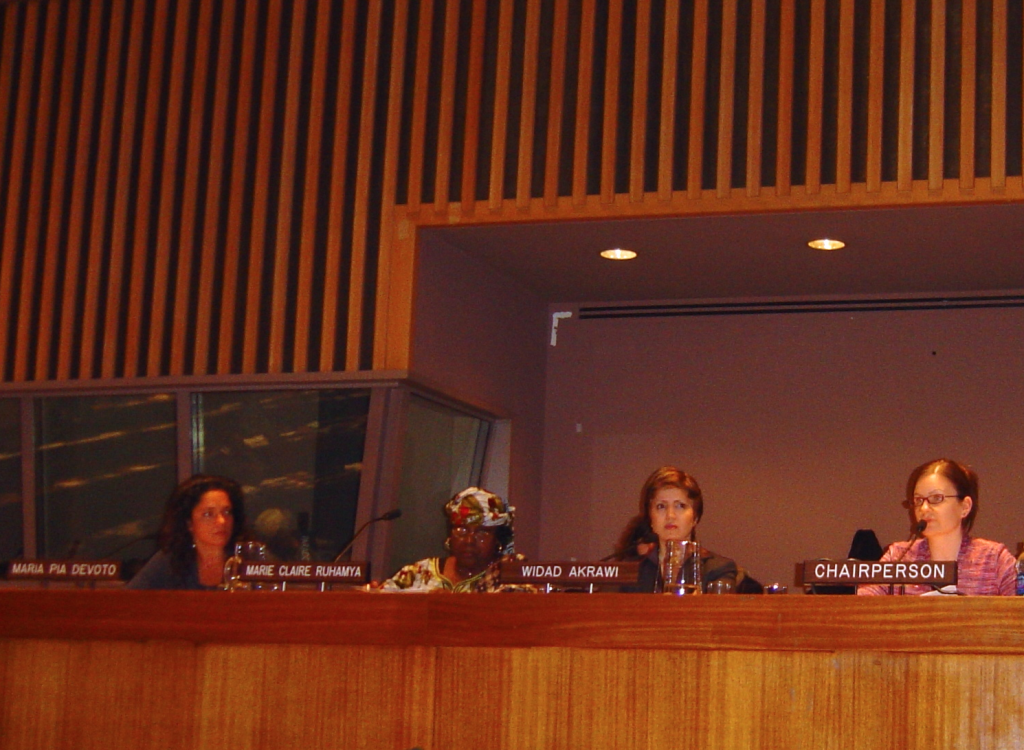 Defend International President Dr. Widad Akreyi addressing a high-level expert panel on breaking the link between small arms proliferation and concepts of masculinity during the United Nations Commission on the Status of Women (CSW) in New York, 2008. Photo courtesy of Defend International Archive.